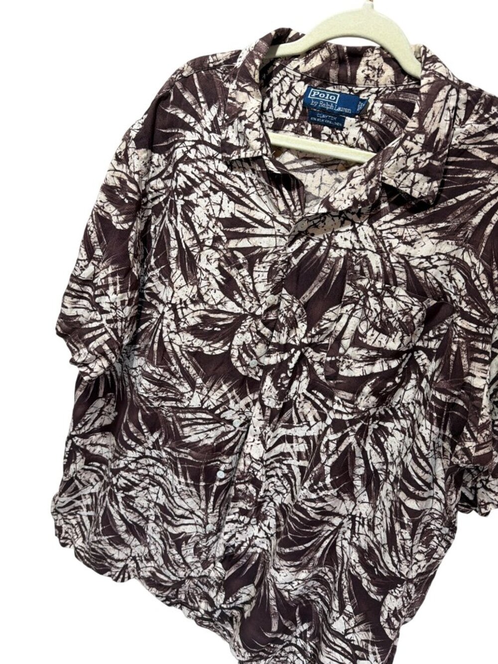 Polo By Ralph Lauren Vintage 90s Clayton Tropical Batik Camp Shirt XL Brown Silk